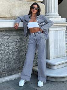 RueChic 100% Cotton WOMEN SUIT DENIM SET SHIRT AND PANTS - Medium Wash - View 1