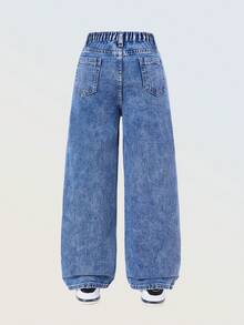 SHEIN ChillGRL Quần denim xanh nhạt thêu họa tiết cổ điển ngọt ngào nhiều màu sắc thường ngày ống rộng rộng rãi thoải mái cho bé gái tuổi mới lớn, phong cách học thuật, mặc hàng ngày - Rửa tối - Xem 2