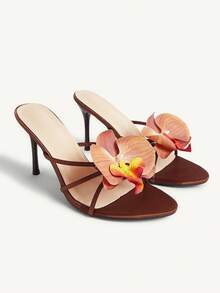 CUCCOO CHICEST Giày sandal cao gót mũi nhọn mỏng màu nâu cà phê họa tiết hoa, thời trang thanh lịch dành cho nữ, mẫu mới mùa hè. - Cà phê nâu - Xem 2