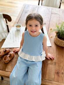 SHEIN LMoss Kids Babygirl Summer Cute Ruffle Sleeveless Top And Elastic Waist Loose Pants Set - Blue and White - View 5