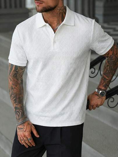 Manfinity CasualCool White Diamond-Patterned Polo Shirt/Men's Casual Commuting Color Block Short Sleeve Polo Shirt/Men's Solid Color Polo/Men's White Short Sleeve Polo Shirt Textured Design And Collared Neckline Comfort Fit,Men's Solid Color Casual Versatile Commuting Short Sleeve Polo Shirt/Men's Premium Textured White Polo Shirt - Casual Business & Golf Wear, Breathable Fabric, Regular Fit For Spring/Summer