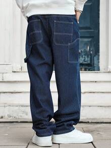 GALLERY FADE 男士休闲竖条纹多口袋牛仔裤，街头时尚 - 深色水洗藍 - 查看 2