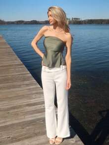 Sydney Algeri Women's Solid Color Ruched Bandeau Top For Vacation - Olive Green - View 6