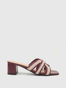 CUCCOO BIZCHIC Square Toe Striped Cross With Thick Heel Versatile Sandals, Square Toe Thick Heel Sandals, Simple And Fashionable Style, Suitable For Daily Wear Or Casual Occasions - Burgundy - View 2