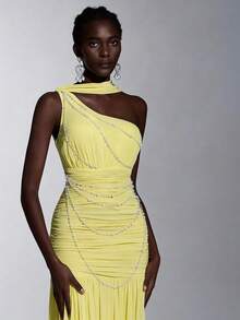 Elitara 优雅奢华的珍珠链拼接弹力针织网褶皱单肩吊带鱼尾连衣裙，配以荷叶袖，适合婚礼、派对、度假、舞会、晚礼服等场合。 - 黃色 - 查看 2