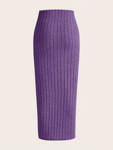 SHEIN Tall CURVE Falda elegante ajustada de unicolor acanalada de talla grande - Lila Púrpura - Ver 2