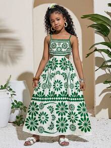 Travachic KIDS Tween Girls' Summer Vacation Casual Floral Print Camisole Dress - Green - View 1