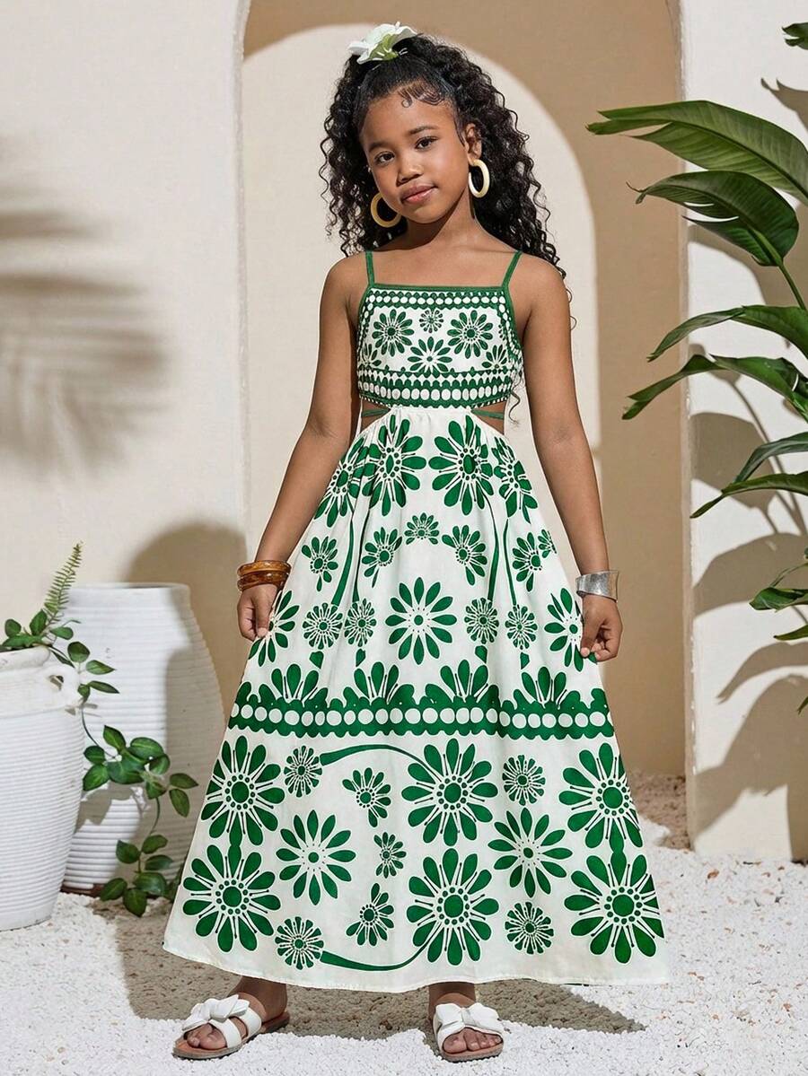 Travachic KIDS Tween Girls' Summer Vacation Casual Floral Print Camisole Dress - Green - View 1