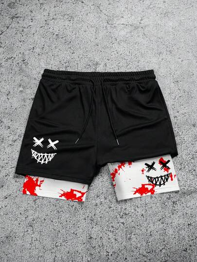 Sport MetroGents 男士笑脸印花抽绳腰双层运动短裤