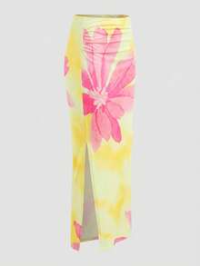 SHEIN Girlism Conjunto de top sin mangas con estampado floral tie-dye y falda ajustada para niña preadolescente, corte slim fit, casual, minimalista y cómodo - Mostaza Amarilla - Ver 9