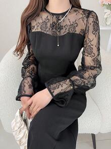 FRIFUL Women's Round Neck Chiffon Mesh Patchwork Bell Sleeve Contrast Color Sweet Casual Party Dress Sundress - Black - View 8