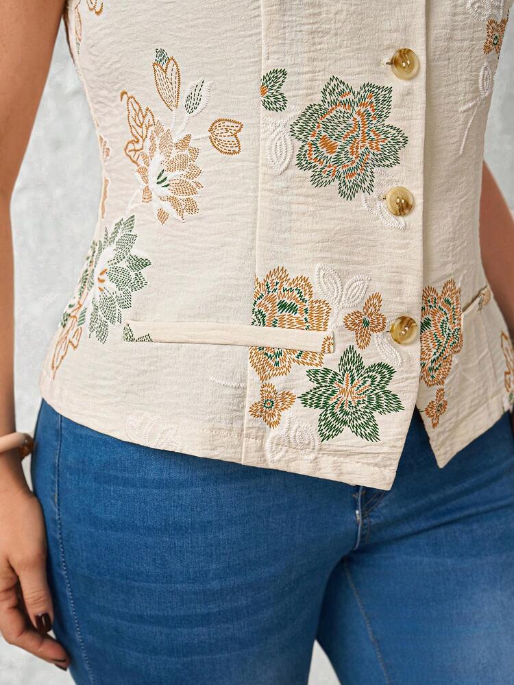 Plus Size Women's Summer Casual Vacation Country Western Style  Single-Breasted Imitation Embroidery Print Floral Print  Flowers Vest Jacket, Women Vest Autumn Winter Clothes For Women,Summer\Vacation,Summer Holiday,Spring Break Outfits ,Vacation Outfits Women ,Holiday Outfits For Women,Going Out Outfits,2026 New Clothes,Simple And Fashionable For Everyday Wear,Suitable For Summer, Vacation, Daily Wear