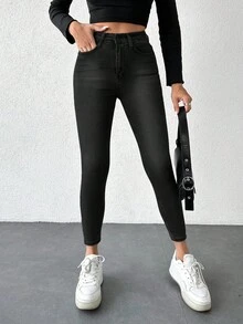 EURMUSE 97% Cotton Solid Skinny Cropped Jeans - Black - View 3