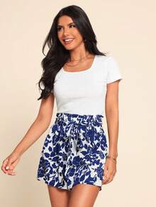 Coeurva Solid Ribbed Knit Tee & Floral Print Belted Shorts Two Pieces Set - Blue and White - View 1