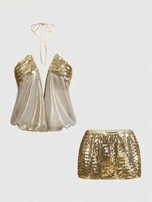 ROMWE Spring/Summer Y2K Music Festival Outfit, Sequin Patchwork Deep V Spaghetti Strap Crop Top And Sequin Mini Skirt 2 Pieces Set - Gold - View 2