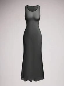 SuitURBody 女士纯色圆领无袖网眼紧身性感睡袍娃娃裙内衣外衣外出 - 黑色 - 查看 1