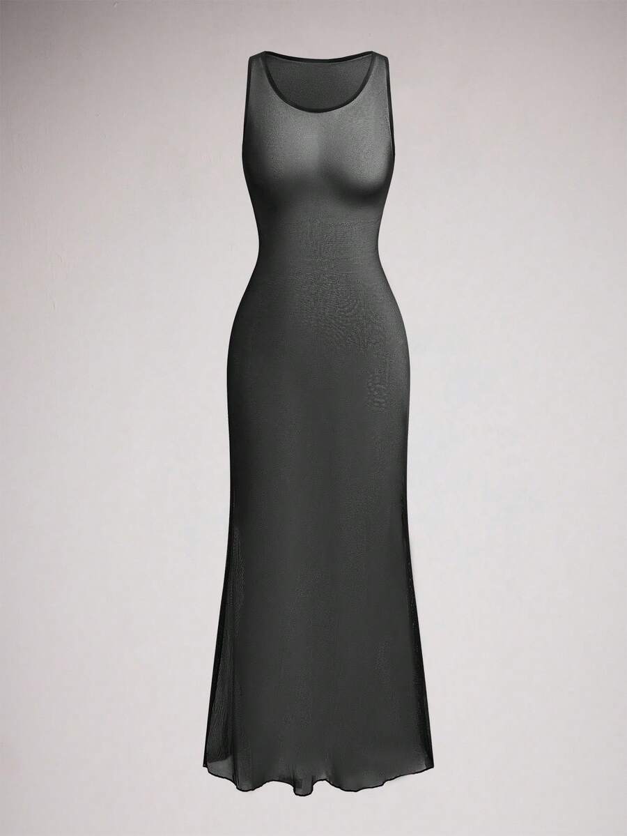 SuitURBody 女士纯色圆领无袖网眼紧身性感睡袍娃娃裙内衣外衣外出 - 黑色 - 查看 1