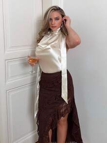 Jeta Ari Top feminino cor damasco elegante deusa madrinha casamento convidado festa férias românticas verão fluido ombro a ombro sexy - Damasco - Ver 1