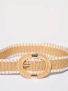 MUSERA Straw Woven Gold Buckle Detail Belt Spring Summer Beach Festival Vacation Cute Daily - Khaki - View 3