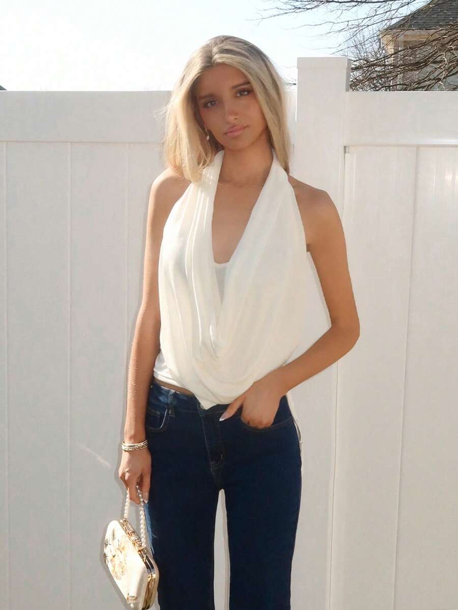 Sydney Algeri Y2K 女士垂褶领双层衬衫，不对称下摆，侧边褶皱垂褶上衣，时尚奶油色女士围巾上衣，女士派对礼服 - 杏色 - 查看 1