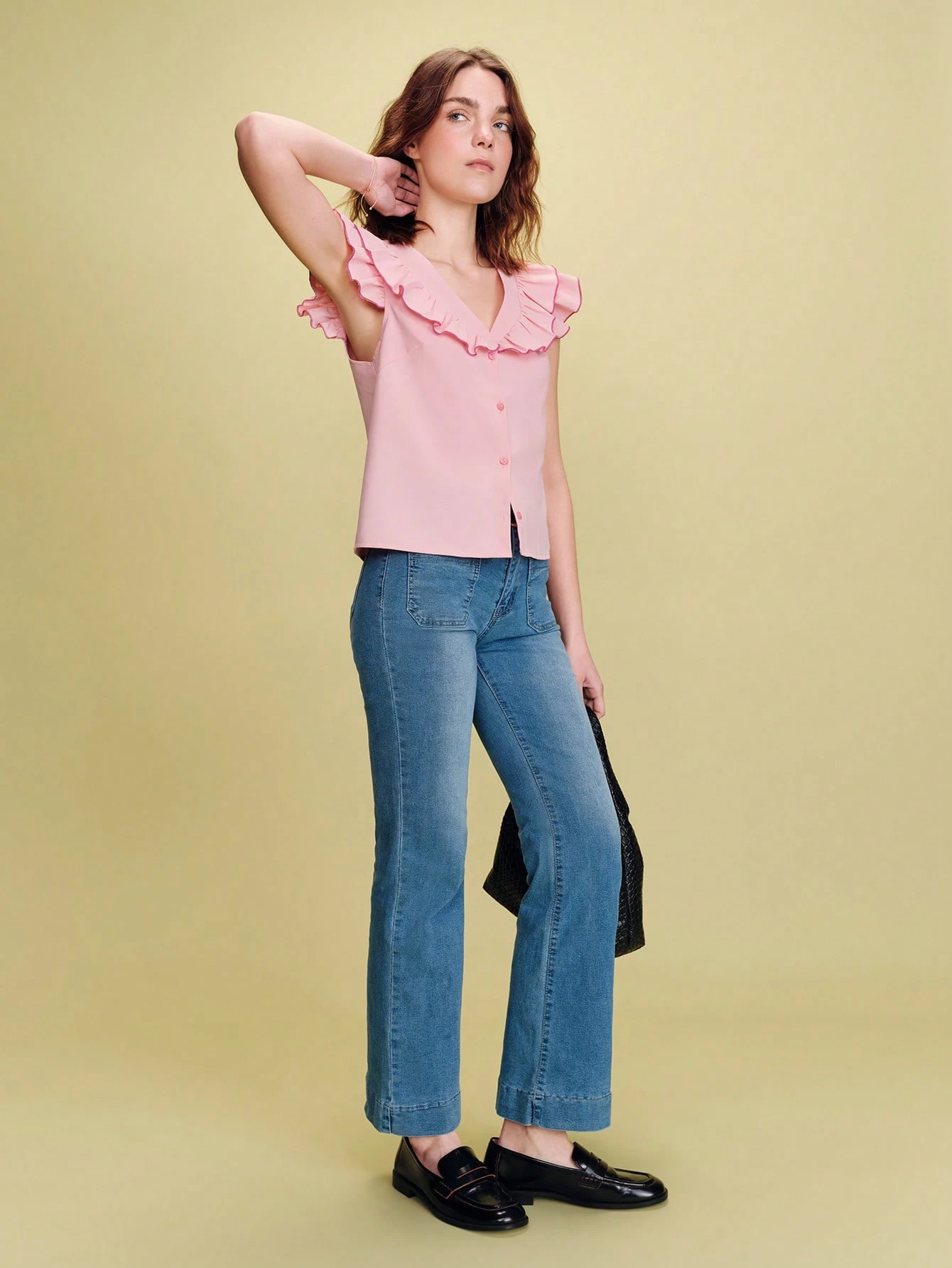 Pink Top With Ruffles And Fuchsia Piping, Cute Style Spring Summer French Style Parisian Style Elegant Top Going Out Top