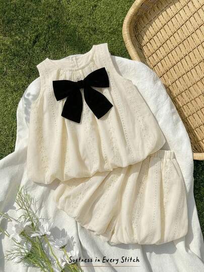 Cozy Pixies 2pcs Baby Girl Woven Solid Color Patchwork Bow Decor Sleeveless Top And Shorts Set