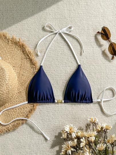 Swim Vcay Women's Summer Beach Vacation Shell Decor Contrast Color Tie Halter Triangle Cup Swimwear Top