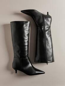 Hauture Women's Glamorous Sexy Pointed Toe Kitten Heel Knee-High Boots - Black - View 5