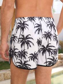 VIVINTIMO Pantalones cortos de playa con cordón en la cintura y estampado de árboles de coco para hombres en verano - Blanco y Negro - Ver 7