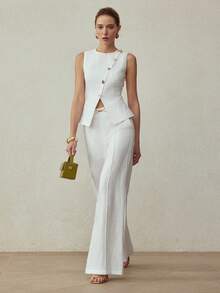 MOTF PREMIUM 100% LINEN WIDE LEG PANTS WITH METAL BUCKLE WAIST DECORATION, ELEGANT FOR COMMUTING, VINTAGE STYLE, SPRING/SUMMER - White - View 7