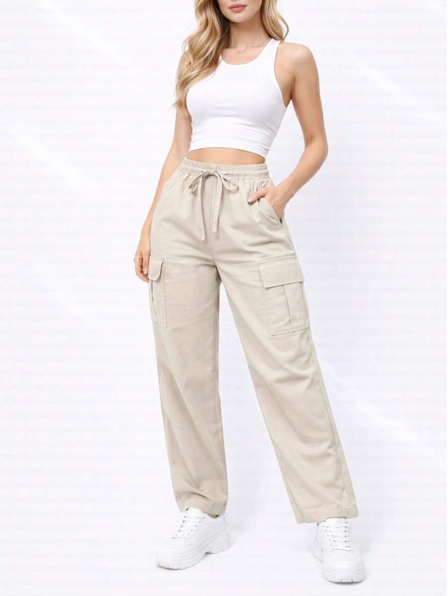Pantalones cargo largos informales para mujer con detalle de lazo y tejido ligeramente elástico ma1121 - Beis - Ver 1