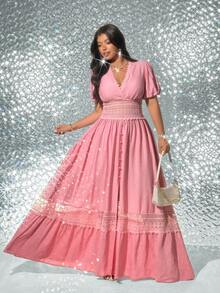 Viva Relle Robe grande taille à encolure en V romantique avec taille cintrée, style français - Rose bonbon - Voir 5