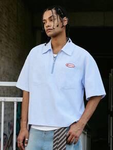 PAVTROS Men's Casual Striped Half-Zip Short Sleeve Shirt, Summer - Blue and White - View 3