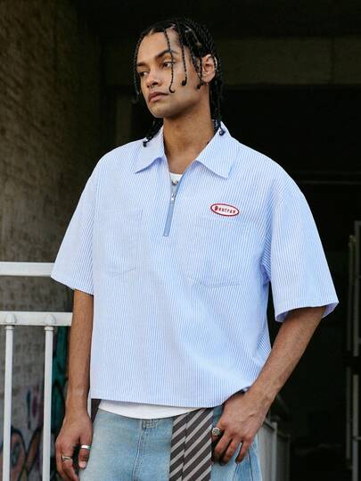 PAVTROS Men's Casual Striped Half-Zip Short Sleeve Shirt, Summer