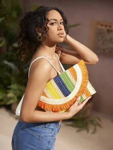 SHECARRY Bolso de embrague casual de vacaciones con flecos y rayas de contraste - Color - Ver 10