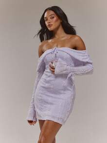 MUSERA Lace Tie Detail Ruched Flared Bow Sleeves Off The Shoulder Dress Cute Sexy Spring Easter Going Out Girly Mothers Day Occasion Soft Bloom - Mauve Purple - View 1