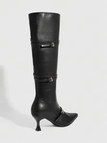 CUCCOO SZL Women's Pointed Toe Buckle Design Fashionable Elegant High Heel Knee-High Boots - Black - View 4