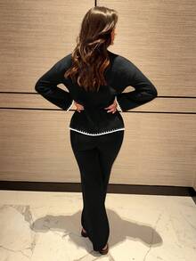 MDEdit 2 件套女士撞色立领毛衣和裤子套装，休闲 - 黑與白 - 查看 2