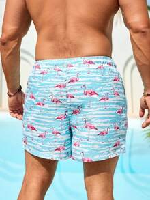 Manfinity Swimmode Men's Casual Flamingo Print Beach Shorts Pool Party Mens Swimwear Men Swim Trunks Flamingo Print Turquoise Swim Trunks - Baby Blue - View 7