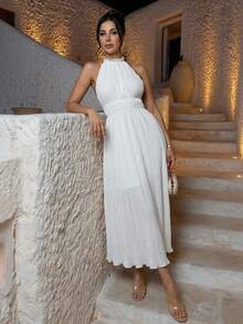 Firerie Vestido midi blanco con espalda descubierta y plisado sexy para vacaciones, sin mangas para el verano - Blanco - Ver 2