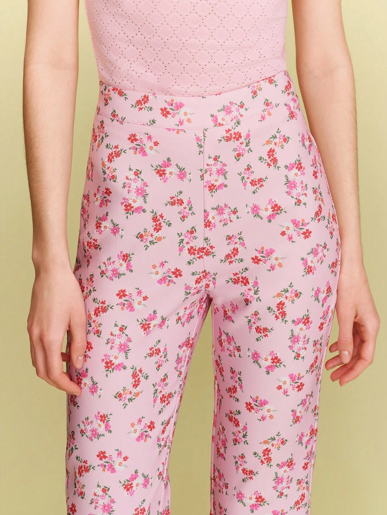 Pantalones de talle alto ajustados con estampado floral rosa de longitud hasta el tobillo, estilo lindo de primavera y verano, estilo francés parisino