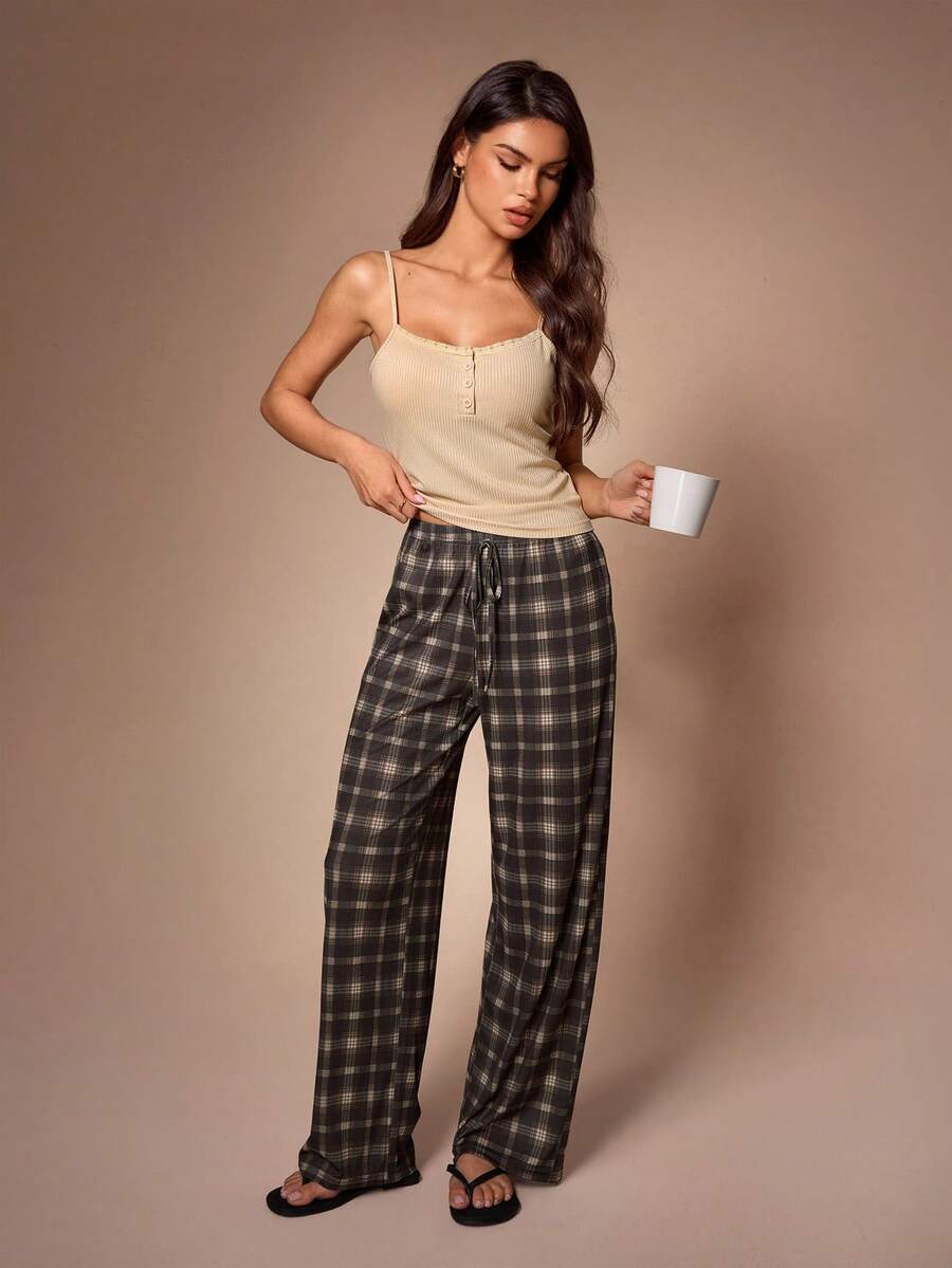 SHEIN French Lace Ribbed Camisole & Classic Plaid Wide Leg Pants Women Pajama Set - Multicolor - View 1