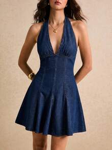 Poéselle 女士时尚休闲露背宽松牛仔迷你连衣裙 - 深色水洗藍 - 查看 6