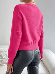 SHEIN Unity Heart Knit Drop Shoulder Sweater Knit Pullover Fall Winter - Hot Pink - View 2