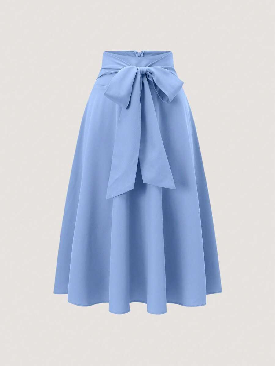 SHEIN ChicEase Women's Solid Color Ruched Waist Skirt, Elegant Burgundy Color Women Skirt - Baby Blue - View 1