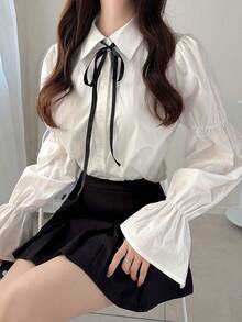 FRIFUL Women's Knotted Single-Breasted Pleated Casual Versatile Daily Wear Shirt - White - View 3