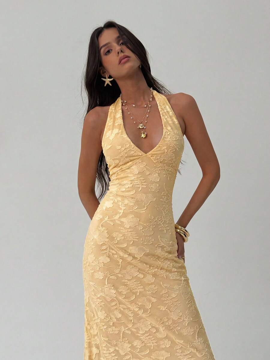 Aloruh White Flocked Elegant Backless Dress, Suitable For Valentine's Day And Wedding Season - Yellow - View 1