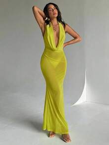 Aloruh Women's Vacation Dress, Elegant Sexy Fitted Shiny Fabric Plunging Neckline Flounce Hem Beach Cover Up Cover Ups For Swimwear - Green - View 3