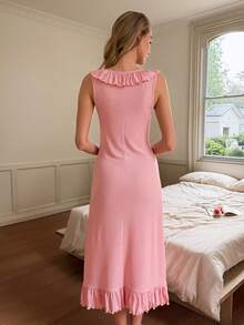 SHEIN Romantic Pink Ruffle Trim Round Neck Sleeveless Knit Dress For Women - Pink - View 2