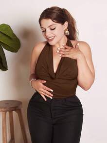 Lupita Cardoza 女式圆领无袖短款 Y2K 红色性感上衣，时尚纯色 - 棕色 - 查看 5